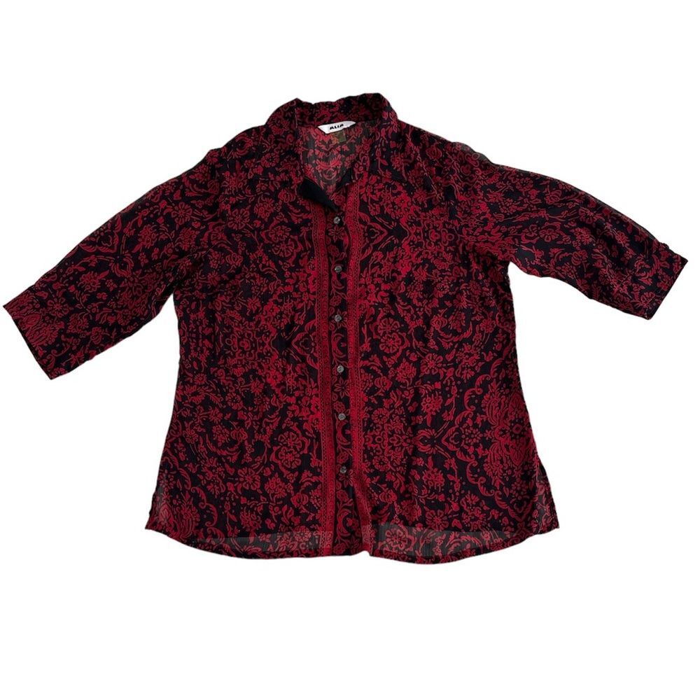 Alia Red/Black Sheer Button Down 3/4 Sleeve Sz 18W
